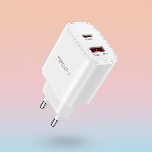 Punjač za mrežu Yesido YC02E, 20W, 3A, 1 x USB-A - 1 x USB-C, Bijeli