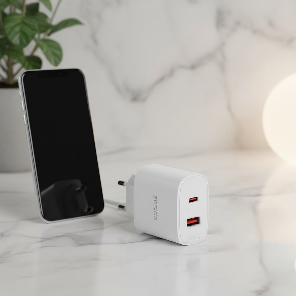 Punjač za mrežu Yesido YC02E, 20W, 3A, 1 x USB-A - 1 x USB-C, Bijeli