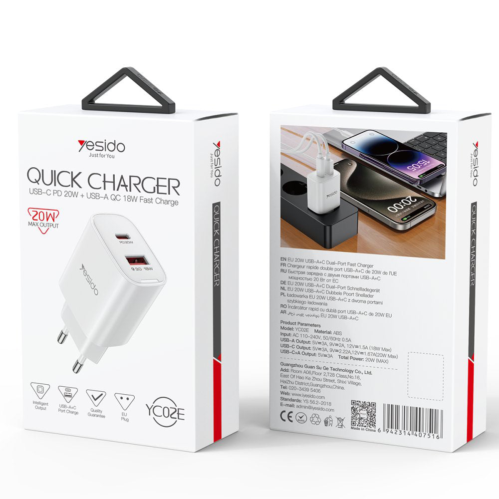 Punjač za mrežu Yesido YC02E, 20W, 3A, 1 x USB-A - 1 x USB-C, Bijeli