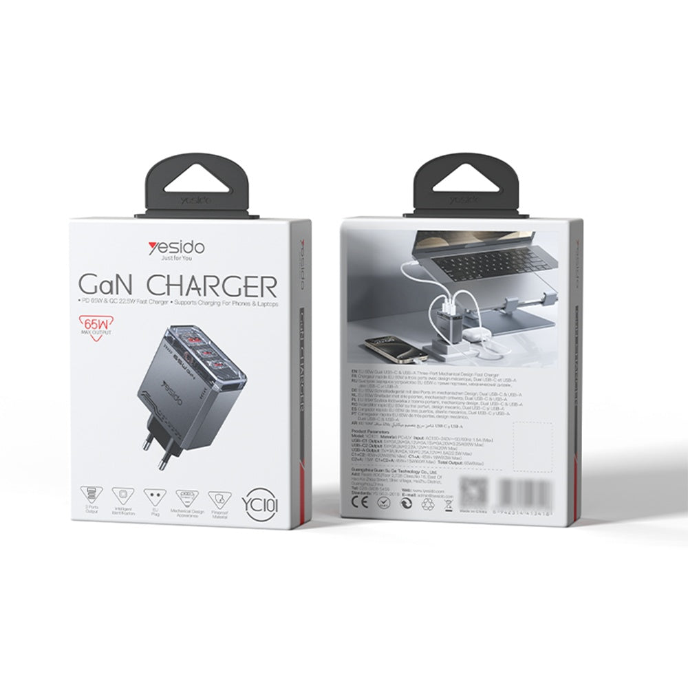 Punjač za mrežu Yesido YC101, 65W, 3.25A, 1 x USB-A - 2 x USB-C, Crni