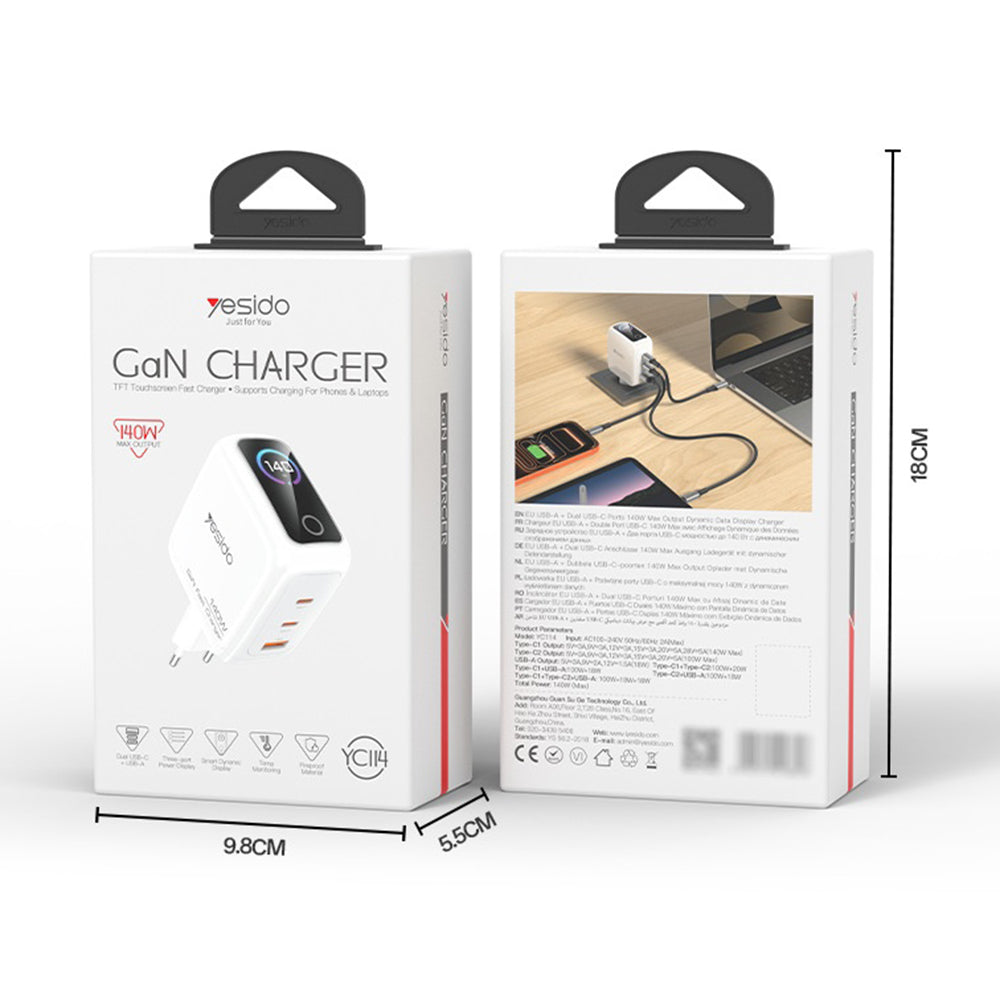 Punjač za mrežu Yesido YC114 Display, 140W, 5A, 1 x USB-A - 2 x USB-C, Bijeli