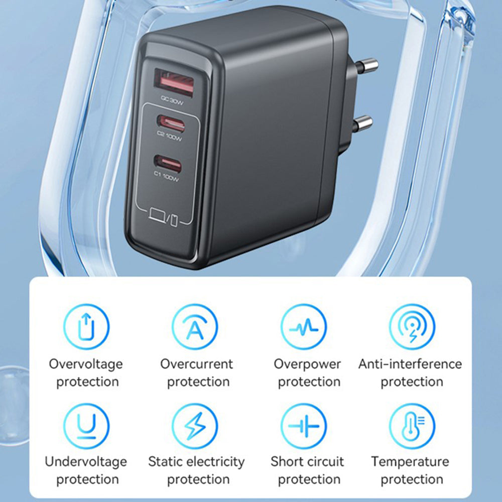 Punjač mreže Yesido YC142, 100W, 5A, 1 x USB-A - 2 x USB-C, Crni