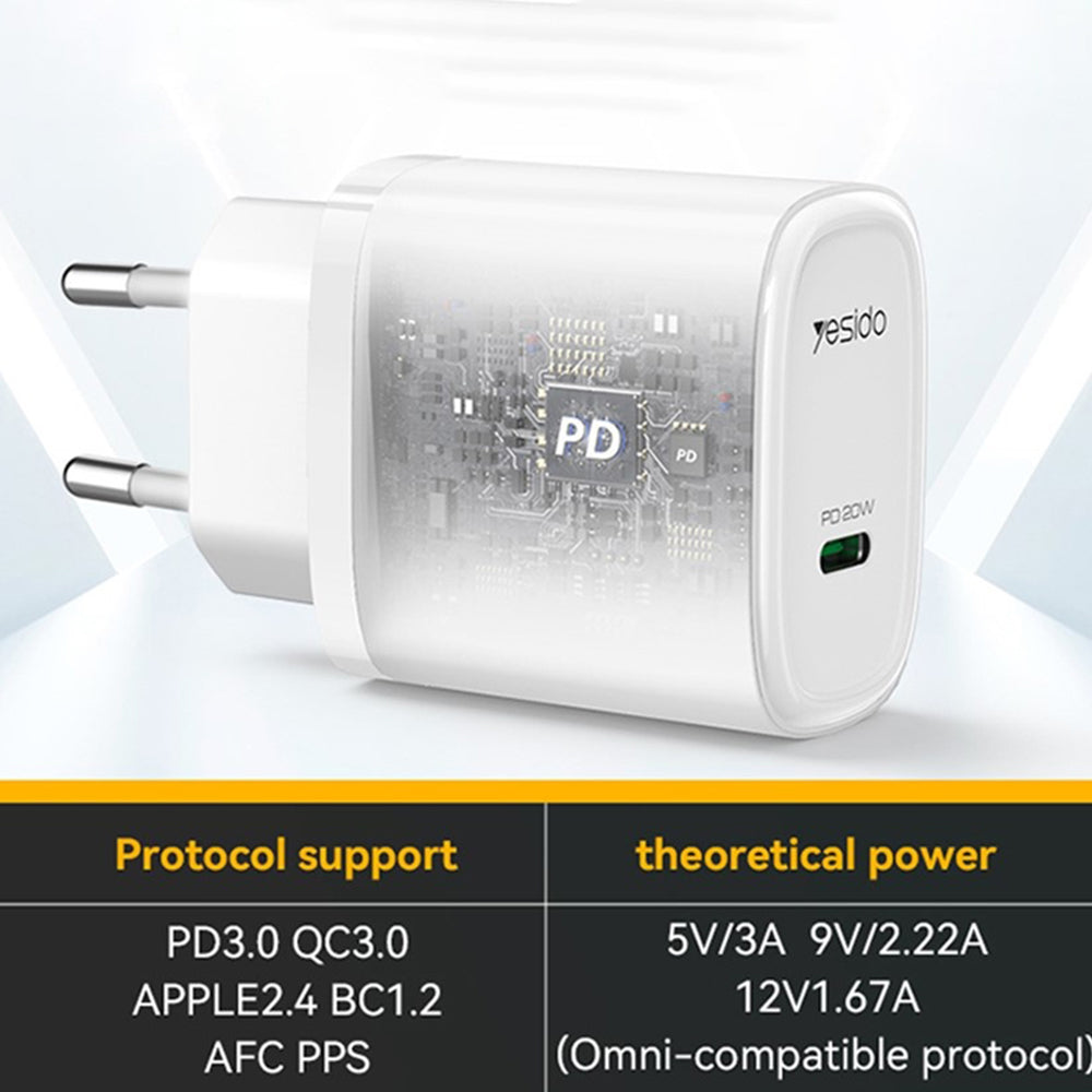 Punjač mreže Yesido YC57, 20W, 3A, 1 x USB-C, Bijeli