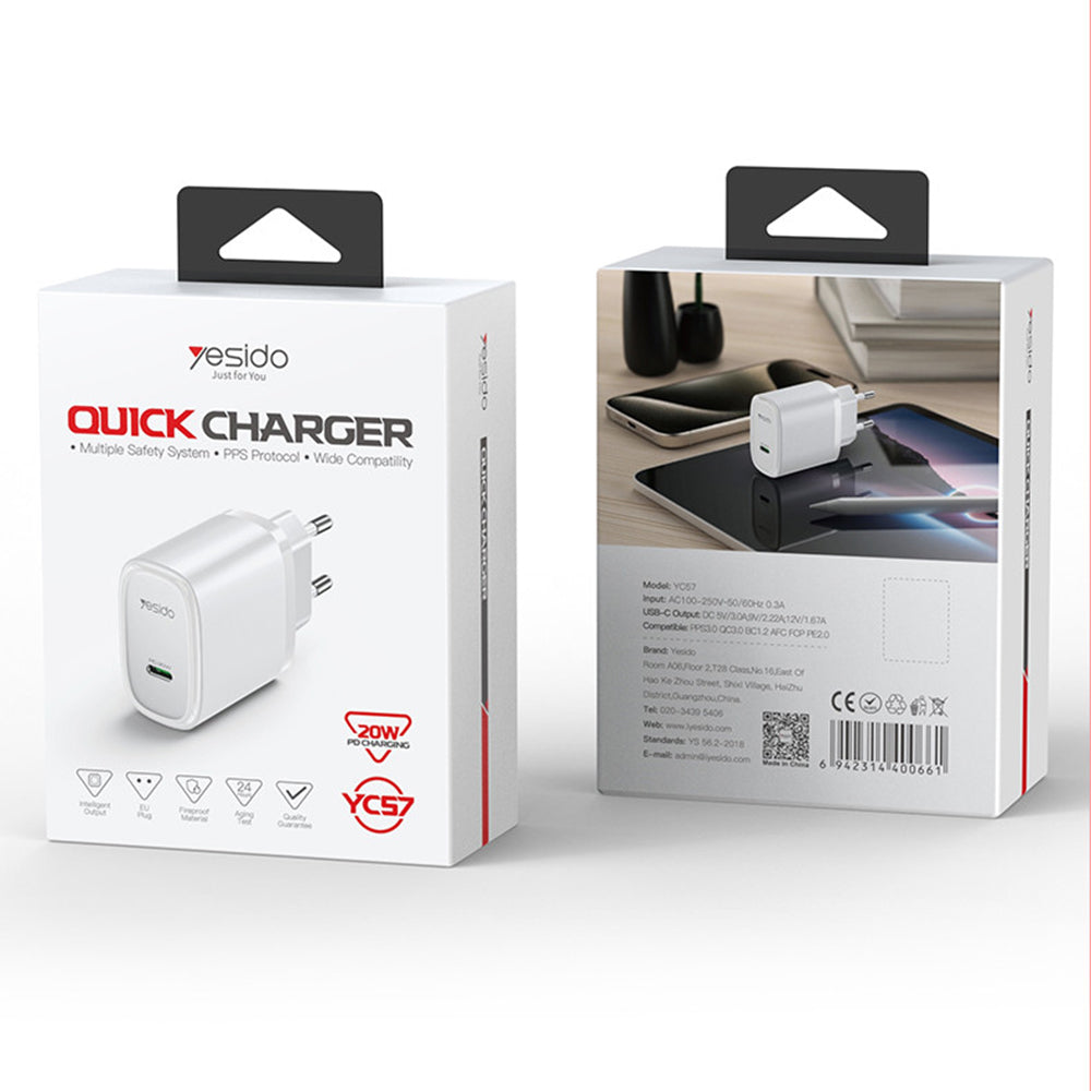 Punjač mreže Yesido YC57, 20W, 3A, 1 x USB-C, Bijeli