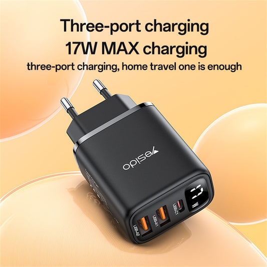 Punjač mreže Yesido YC67 Display, 17W, 2.4A, 2 x USB-A - 1 x USB-C, Crni