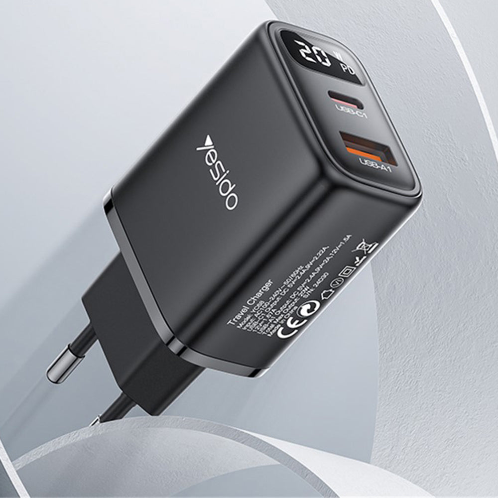 Mrežni punjač Yesido YC68, 20W zaslon, 3A, 1 x USB-A - 1 x USB-C, Crni