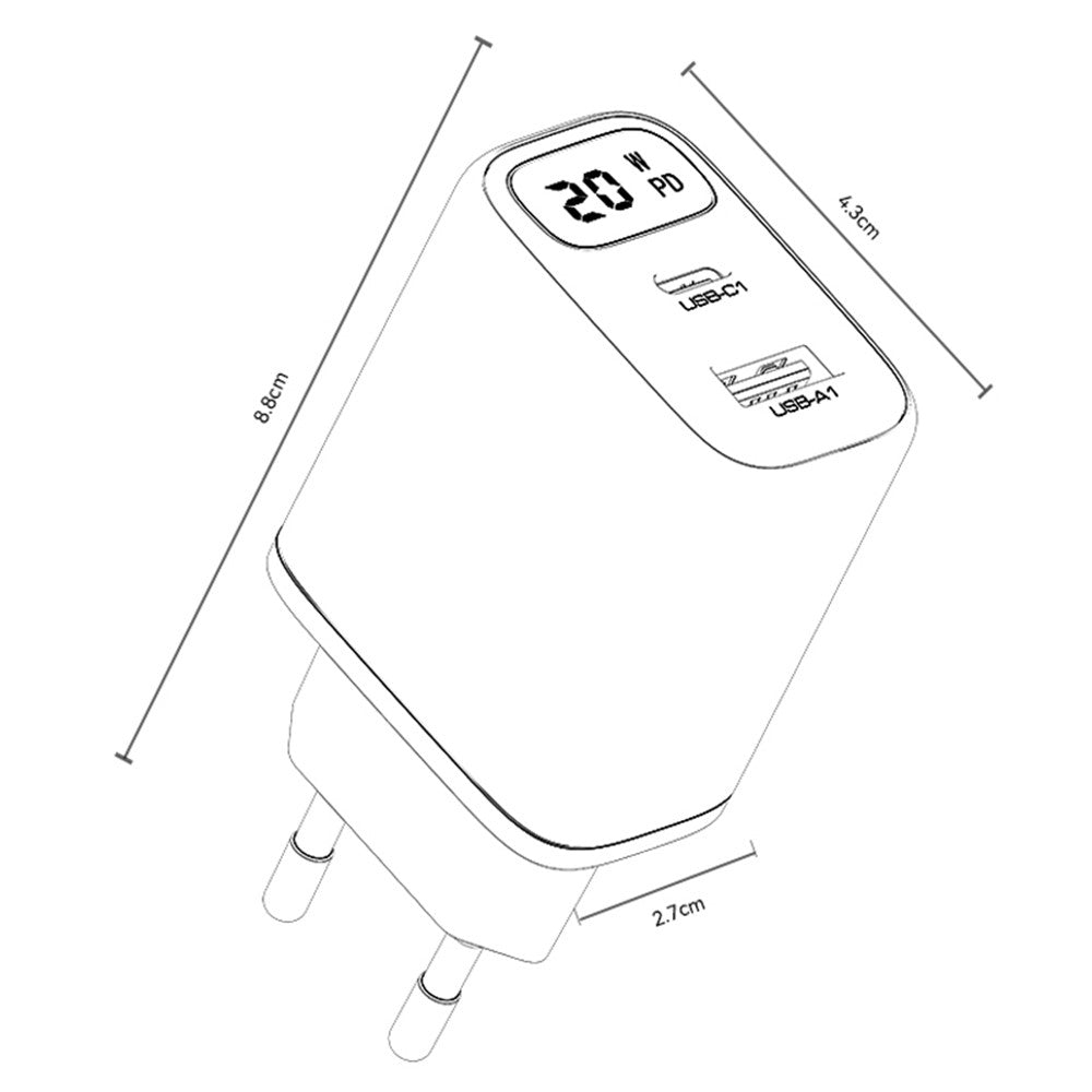 Mrežni punjač Yesido YC68, 20W zaslon, 3A, 1 x USB-A - 1 x USB-C, Crni