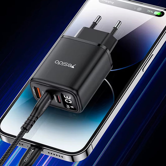 Punjač mreže Yesido YC69 Display, 30W, 3A, 1 x USB-A - 2 x USB-C, Crni