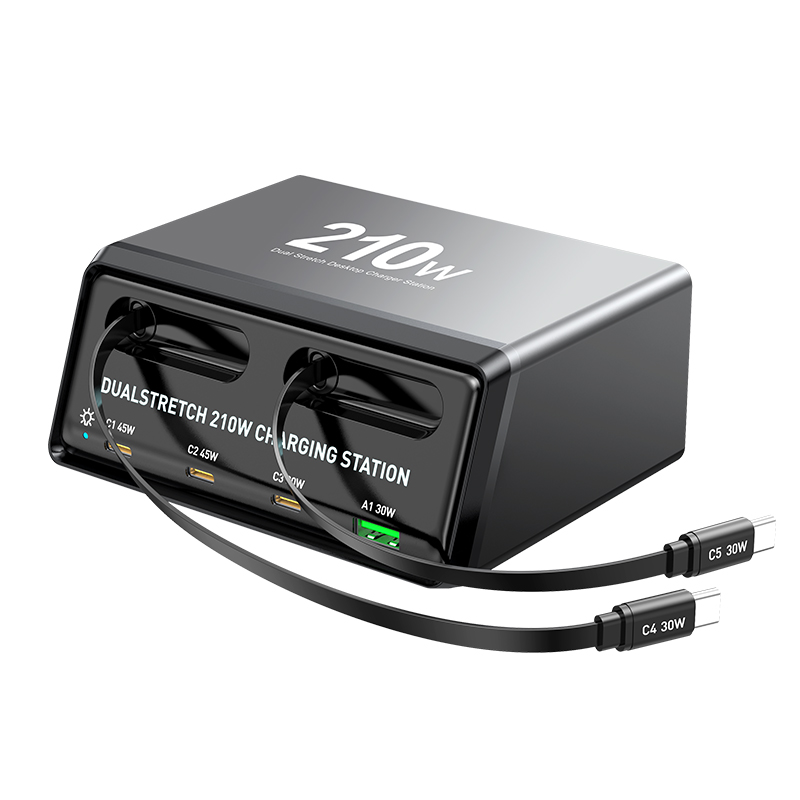 Punjač stanice s USB-C kabelom OEM WLX-60E, 210W, 3A, 1 x USB-A - 3 x USB-C, Siva