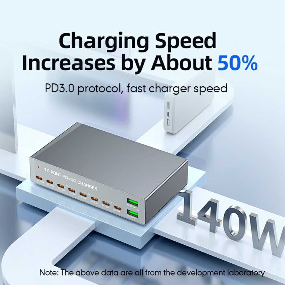 Punjač Stanica OEM WLX-X6Y, 140W, 5A, 2 x USB-A - 8 x USB-C, Srebrni