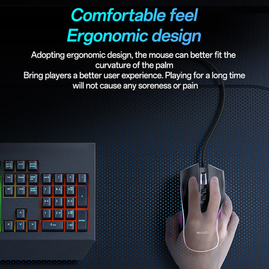 Gaming miš s kabelom USB Yesido KB20, RGB, 1000DPI - 7200DPI, Crni