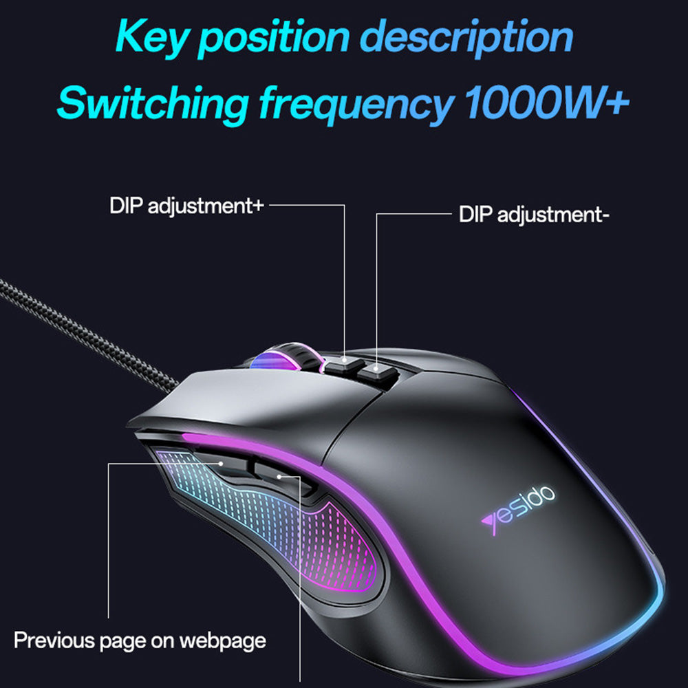 Gaming miš s kabelom USB Yesido KB20, RGB, 1000DPI - 7200DPI, Crni