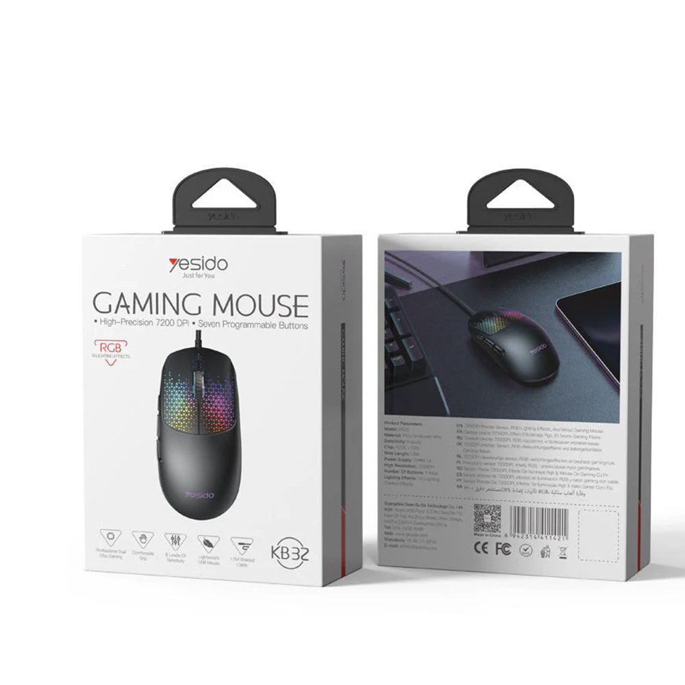 Gaming miš s kabelom USB Yesido KB32, RGB, 7200DPI, Crni
