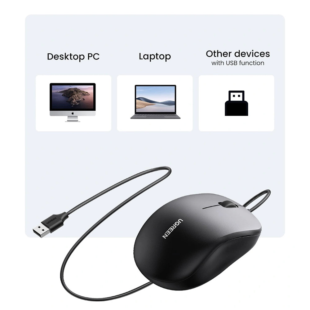 Miš s kabelom USB UGREEN MU007, 1200DPI, 1.5m, Crni