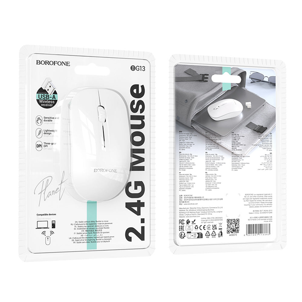 Bežični miš Borofone BG14 Planet, 1000DPI, BT / Wi-Fi, Bijeli