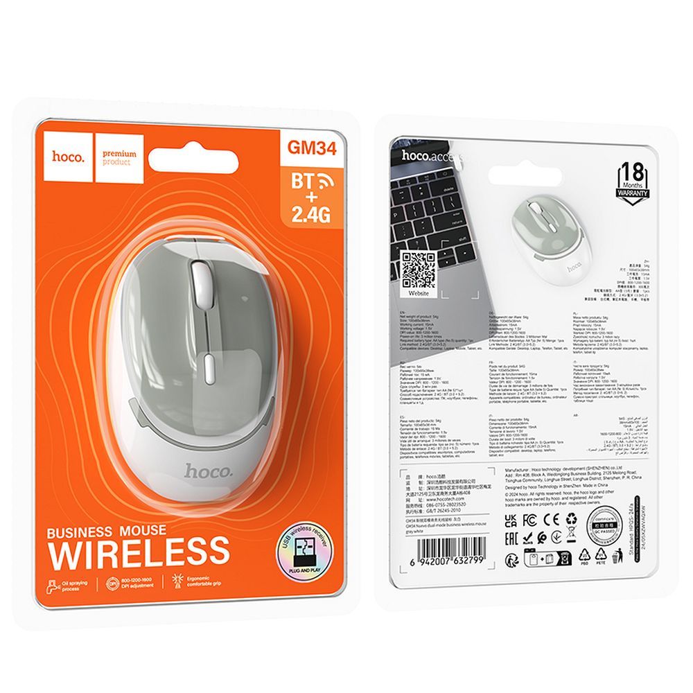 Bežični miš HOCO GM34, 1600DPI, BT / Wi-Fi, Sivi