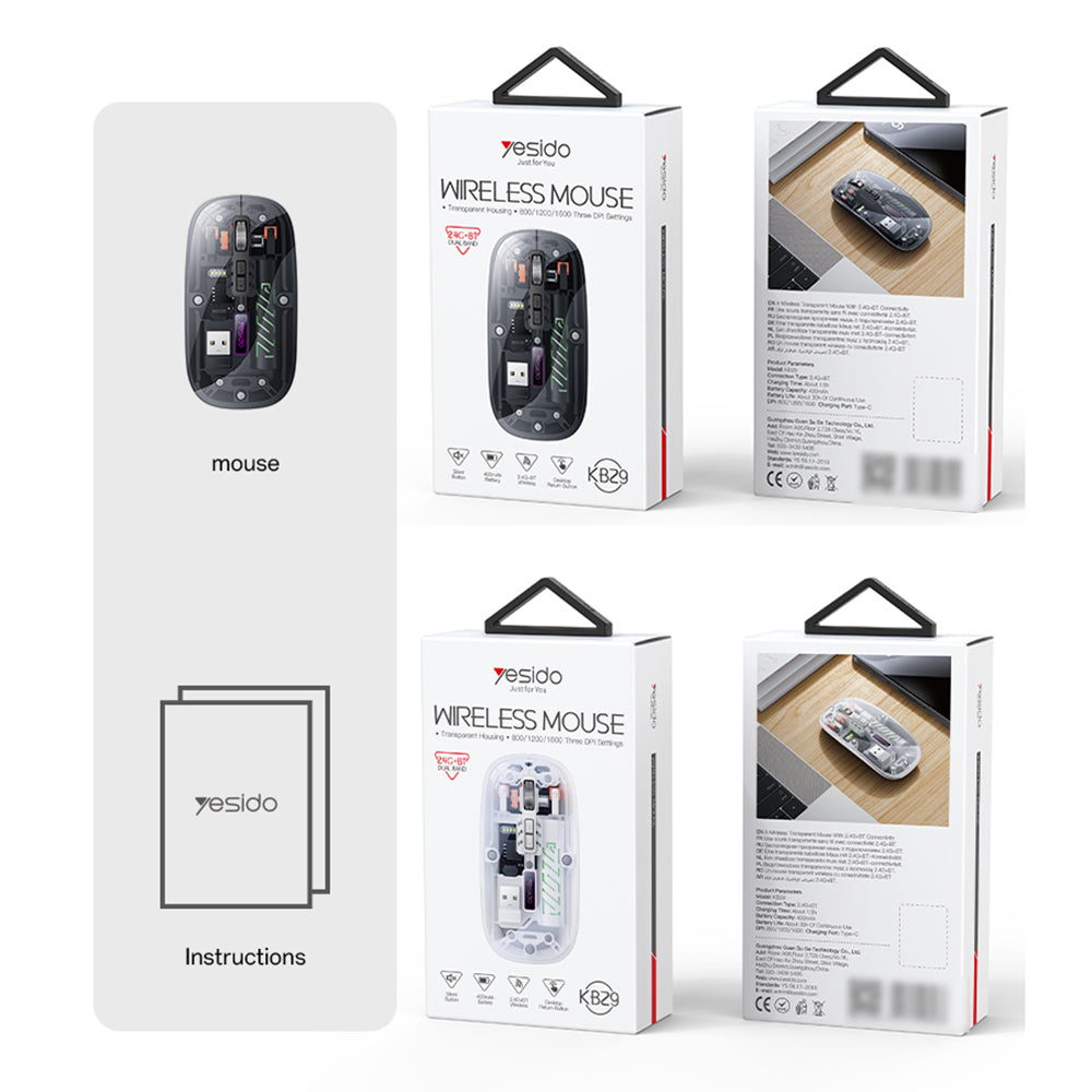 Bežični miš Yesido KB29, 800DPI - 1600DPI, BT / Wi-Fi, Crni