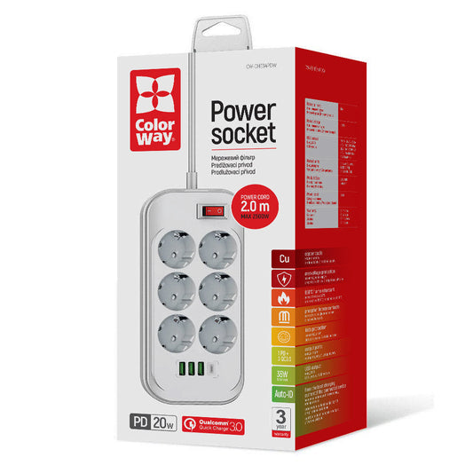 Produžni kabel ColorWay, 6 x Schuko, Bijeli