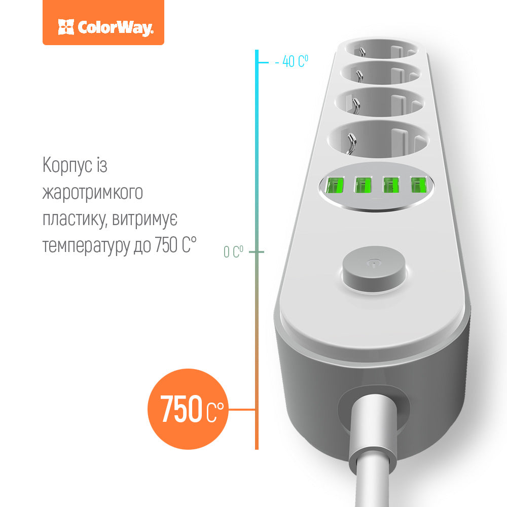 Produžni kabel ColorWay, 4 x Schuko - 4 x USB-A, Bijela