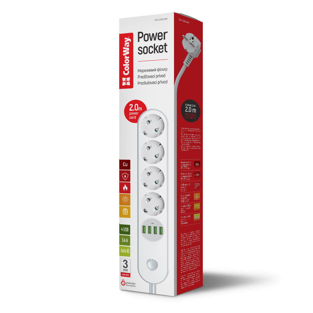 Produžni kabel ColorWay, 4 x Schuko - 4 x USB-A, Bijela
