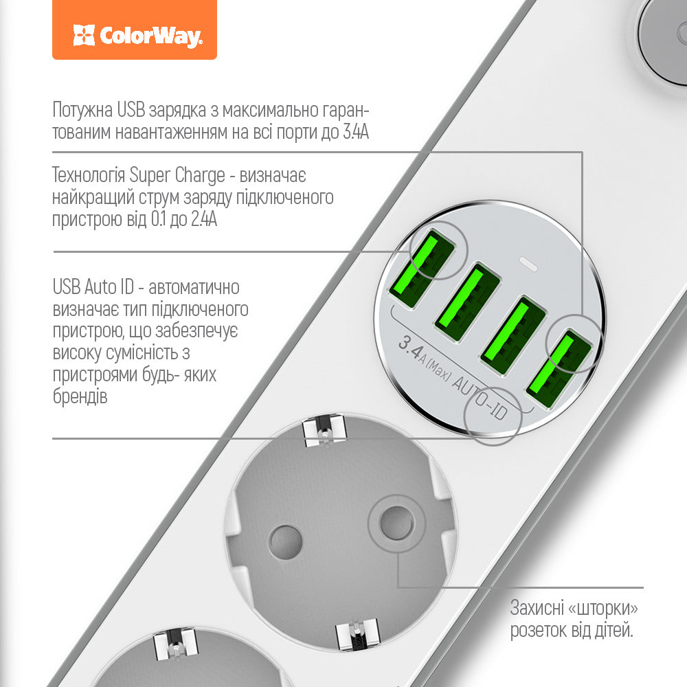 Produžni kabel ColorWay, 4 x Schuko - 4 x USB-A, Bijela