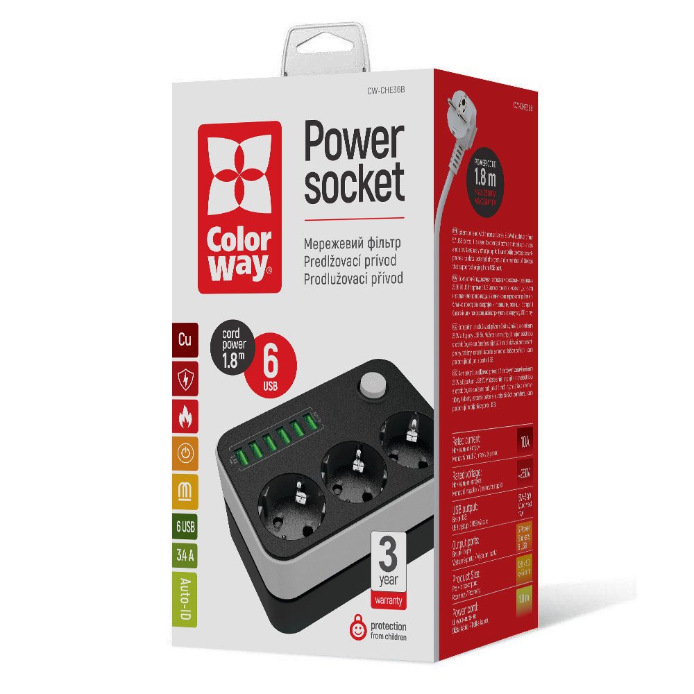 Produžni kabel ColorWay, 3 x Schuko - 6 x USB-A, Crni