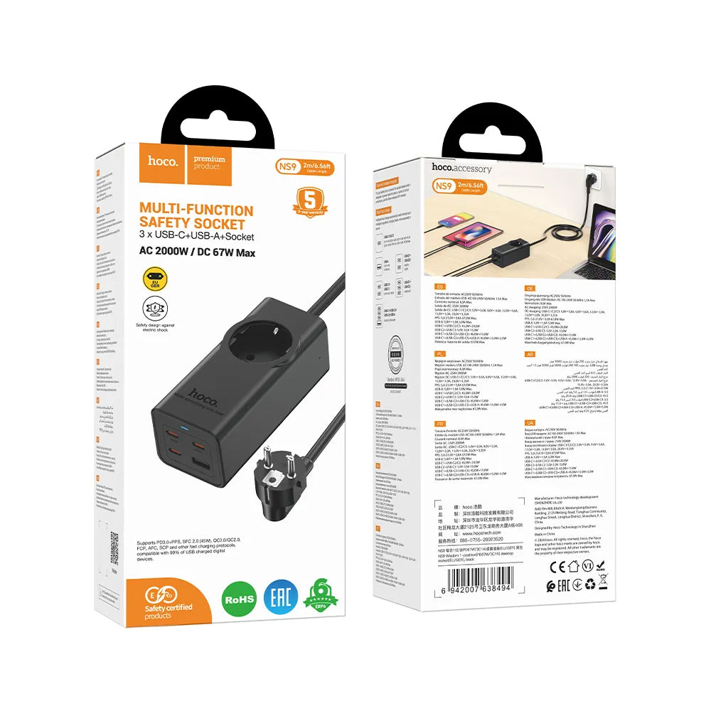 Produžni kabel HOCO NS9, 1 x Schuko, Crni