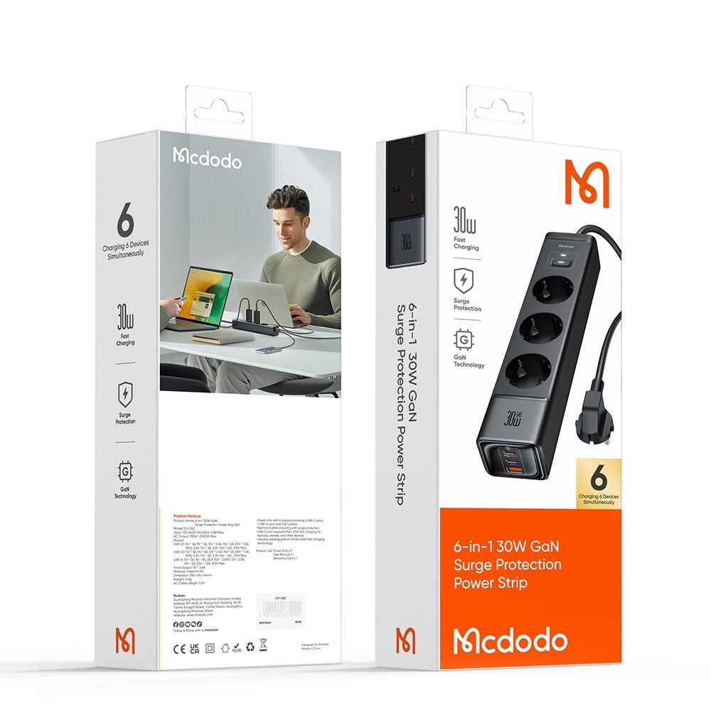 Produžni kabel McDodo CH-0620, 3 x Schuko - 1 x USB-A - 2 x USB-C, Crni