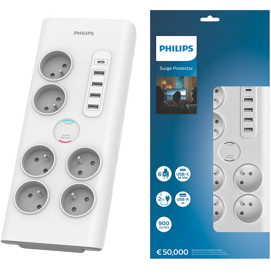 Produžni kabel Philips, 35W, 3A, 4 x USB-A - 1 x USB-C - 6 x Schuko, Bijeli PHIL-SPN7060WA/60