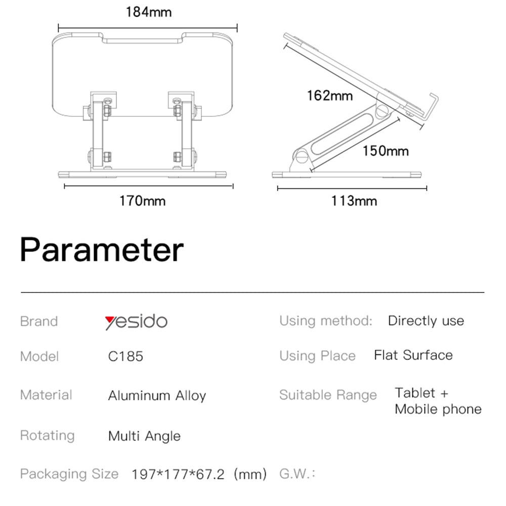 Stalak za stol Yesido C185 za telefon / tablet, 4.5inch - 13inch, srebrni
