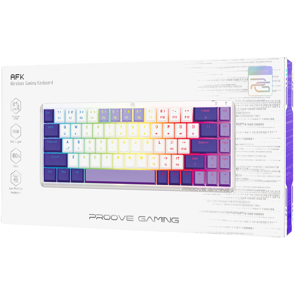 Bežična gaming tipkovnica Proove AFK, RGB, BT / Wi-Fi / Žičana, 1.5m, Bijela WKAFKEN22002
