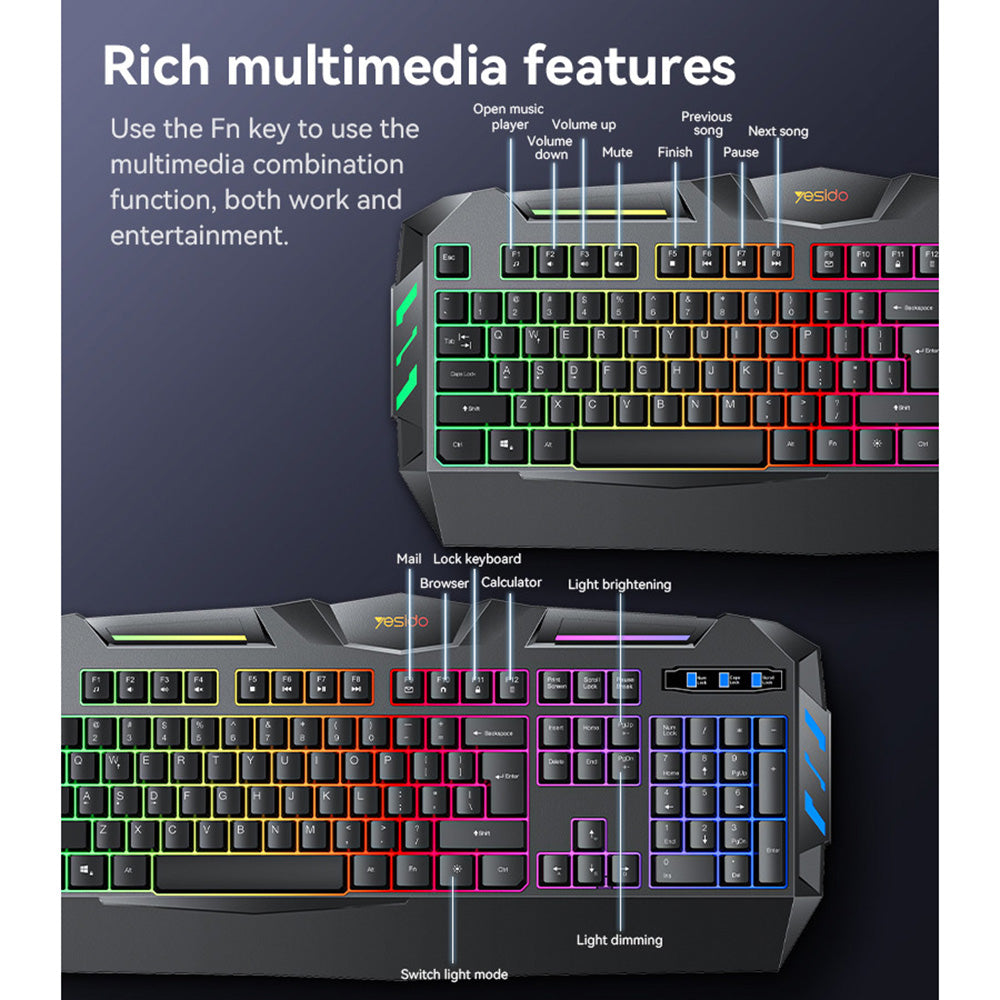 Bežična tipkovnica Yesido KB21, RGB, 1.5m, Crna