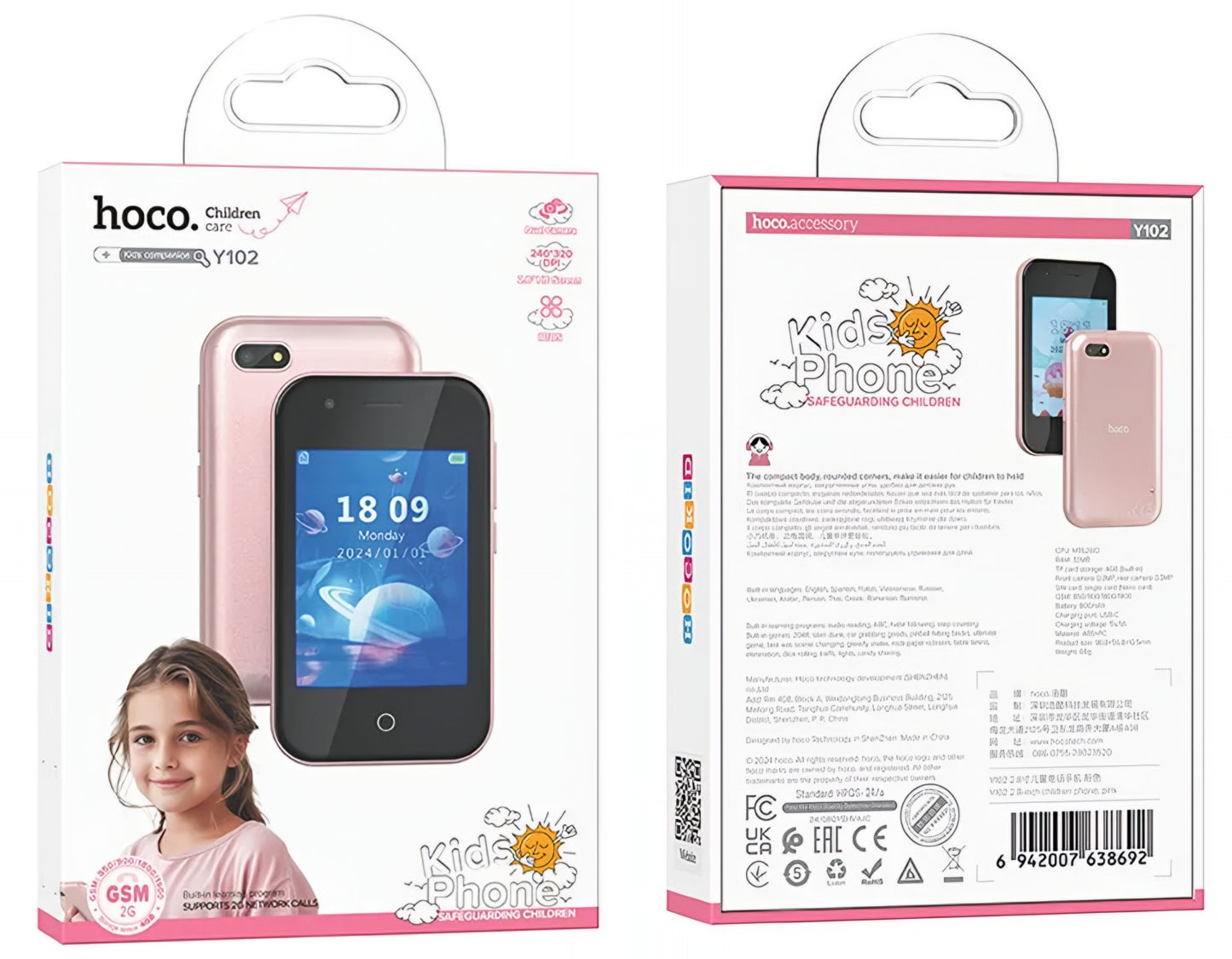 Mobilni telefon HOCO Y102 Kids, 2G, Zaslon 2.8 inča, Roza