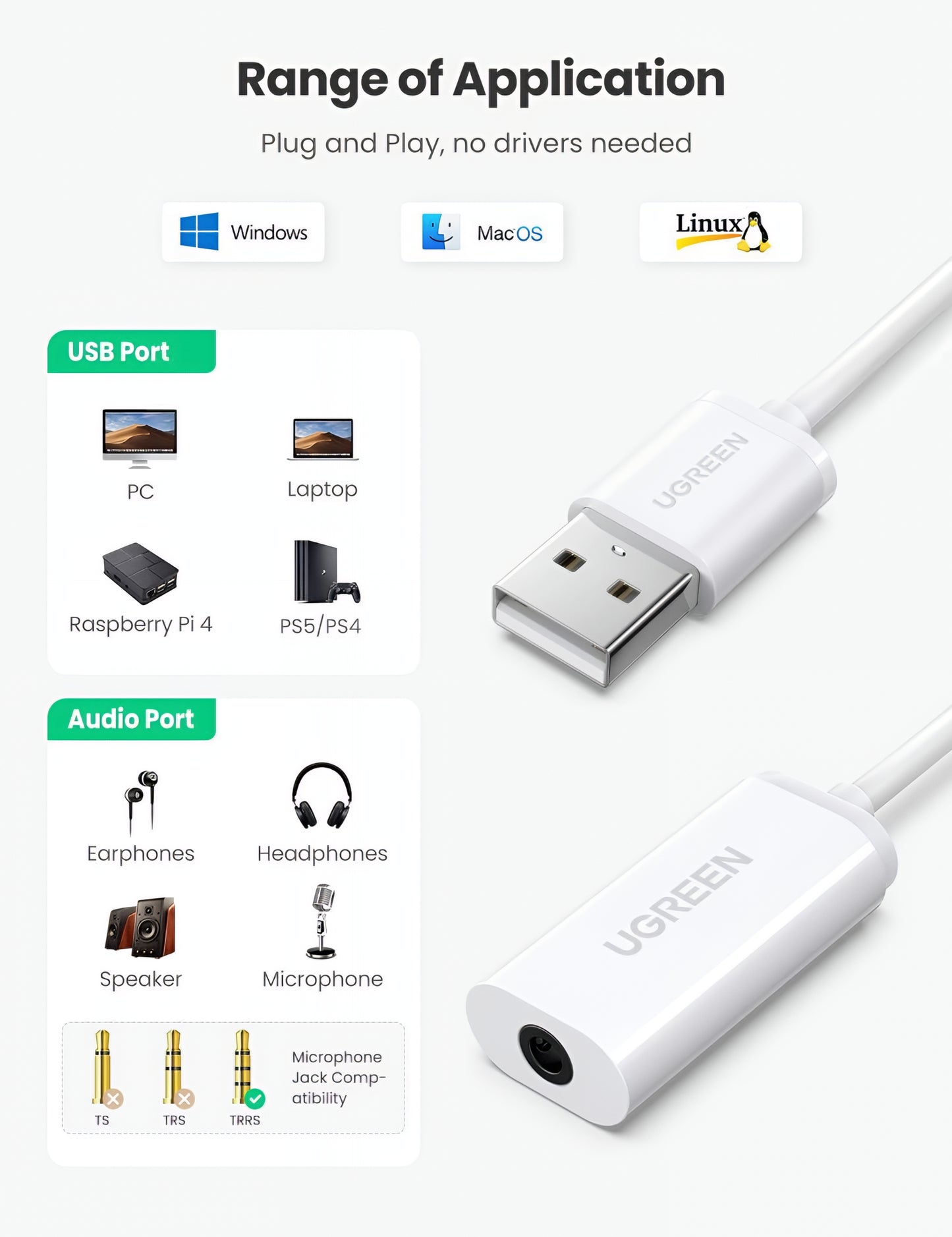 Audio Adapter UGREEN US206, USB-A - 3.5mm, Bijeli