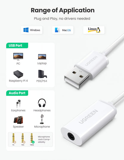 Audio Adapter UGREEN US206, USB-A - 3.5mm, Bijeli