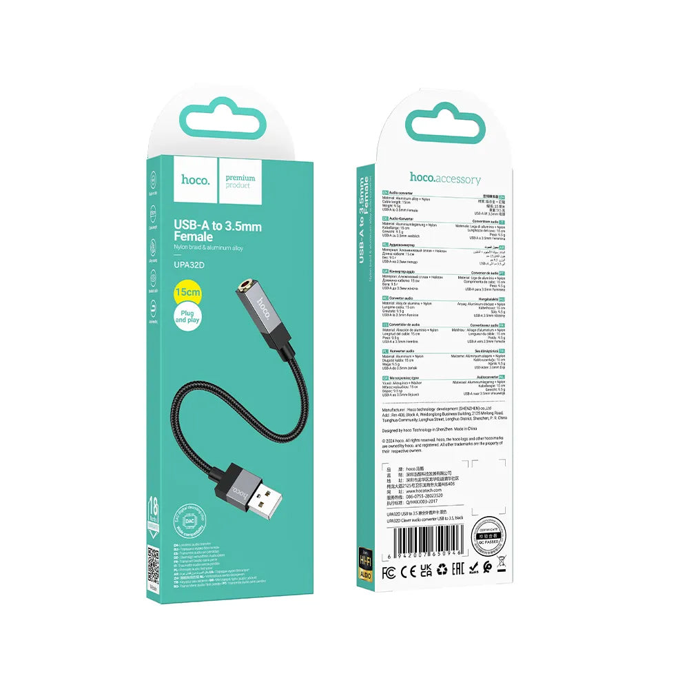 Audio adapter HOCO UPA32D, USB-A - 3.5mm, Crna
