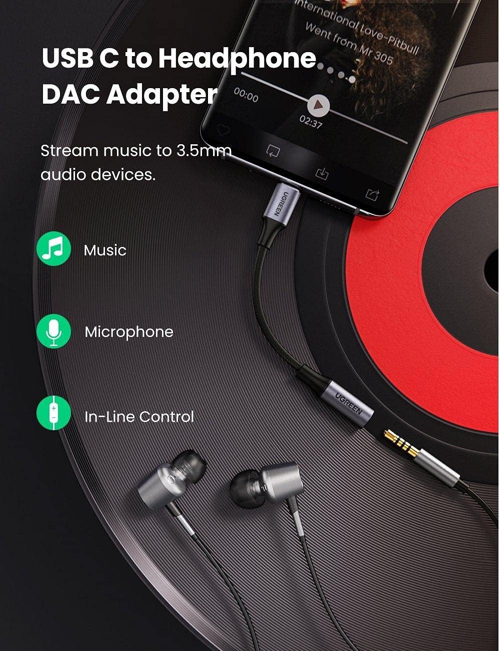 Audio adapter USB-C - 3.5mm UGREEN AV161, 0.15m, sivi