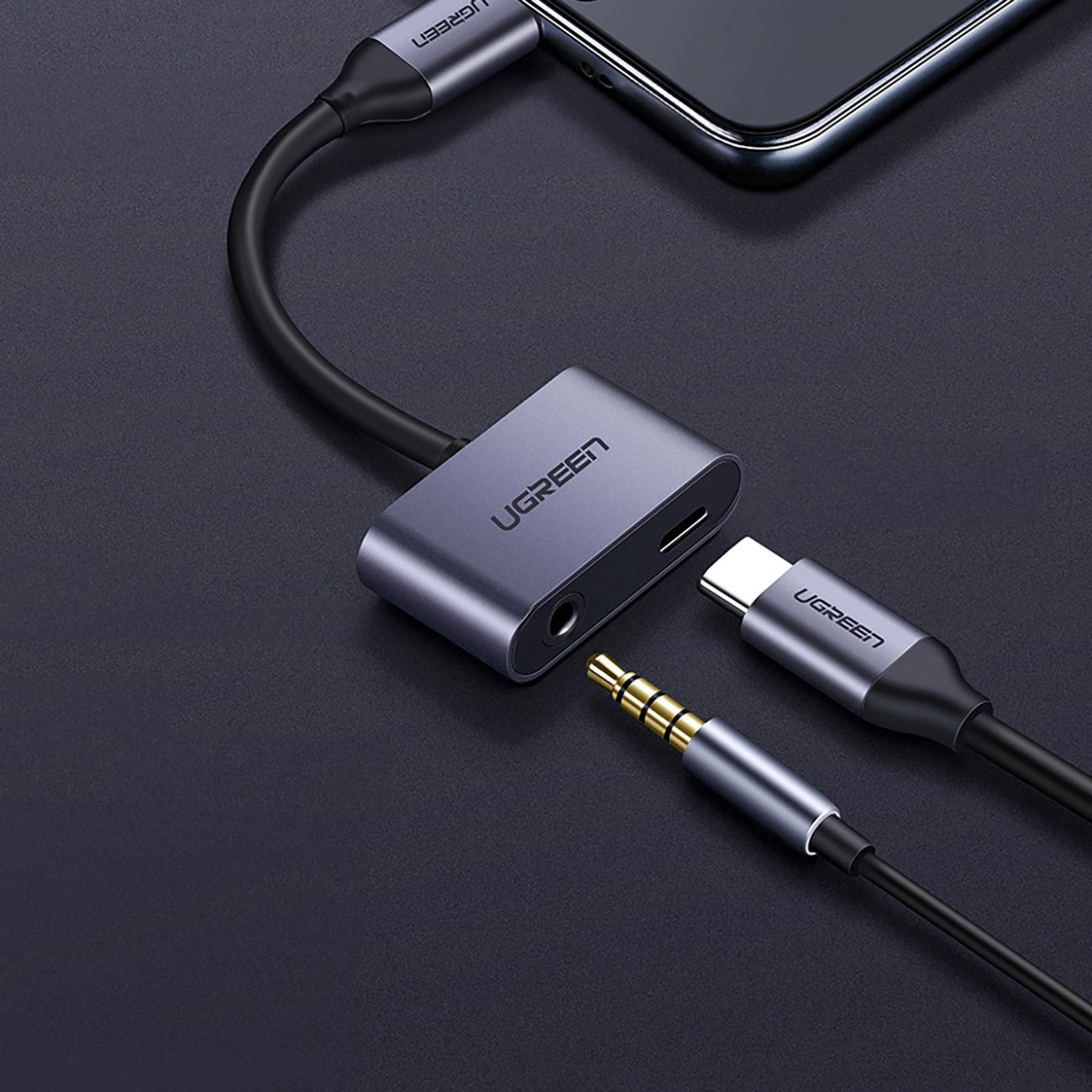 Audio adapter USB-C - 3.5mm / USB-C UGREEN CM193, sivi
