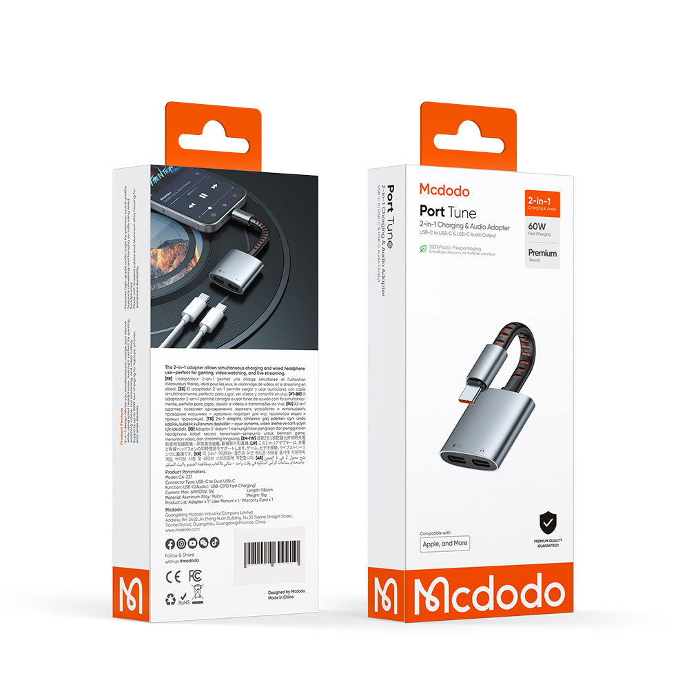 Audio adapter USB-C - USB-C / USB-C McDodo CA-3370, Sivi