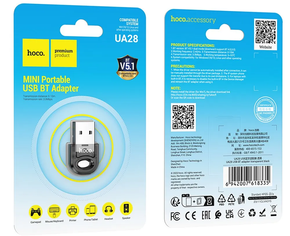 Bluetooth USB adapter HOCO UA28, Crni