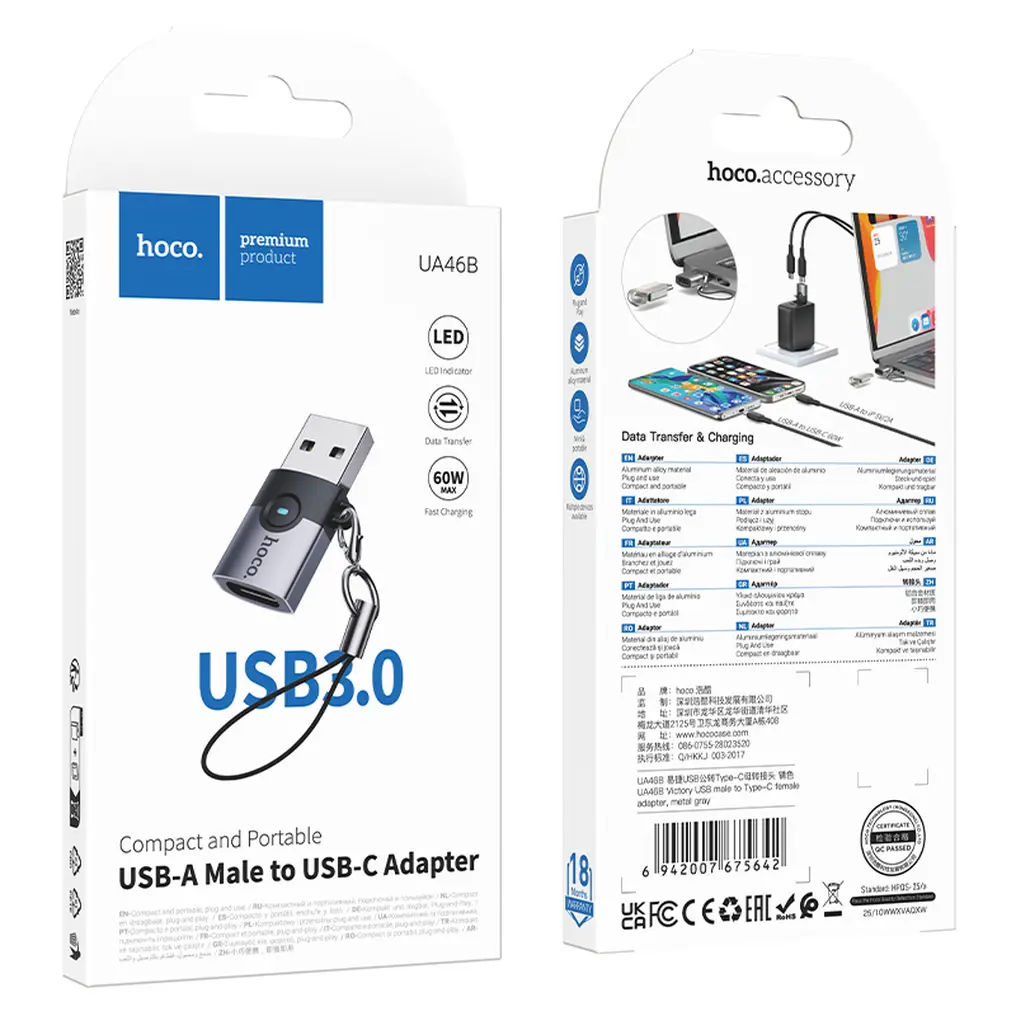 USB-C - USB-A HOCO UA46B adapter za prijenos podataka i punjenje, siva