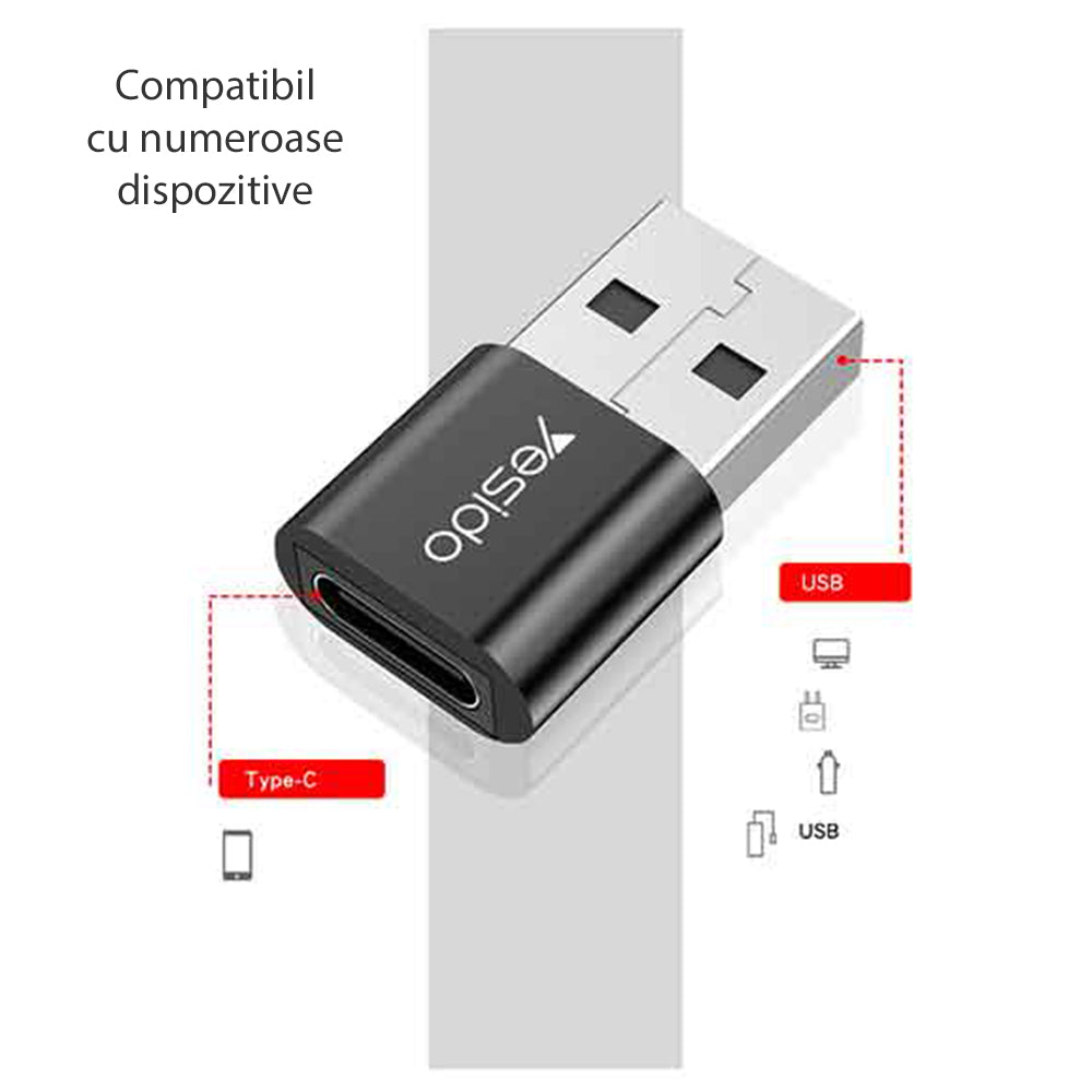 Adapter za podatke i punjenje USB-C - USB-A Yesido GS09, Crni