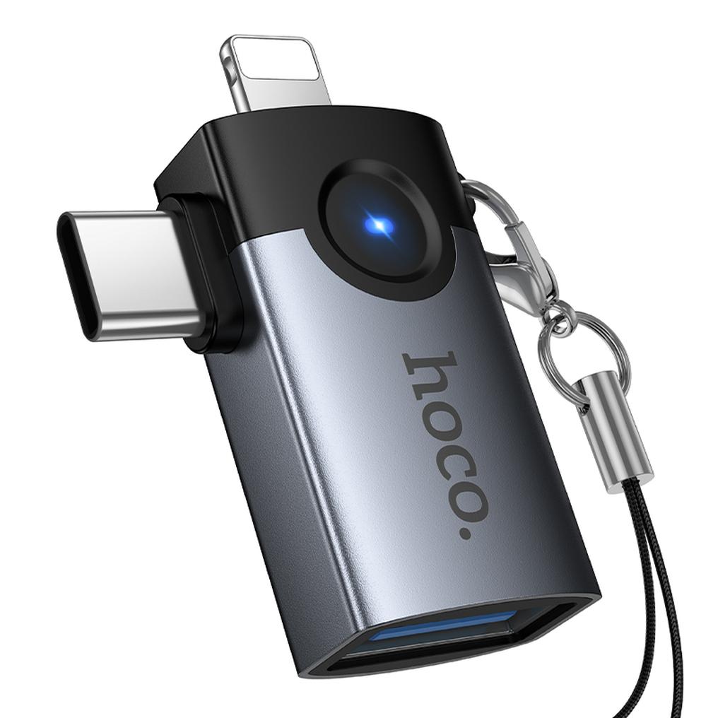 OTG Lightning / USB-C - USB-A HOCO UA46D adapter, Siva