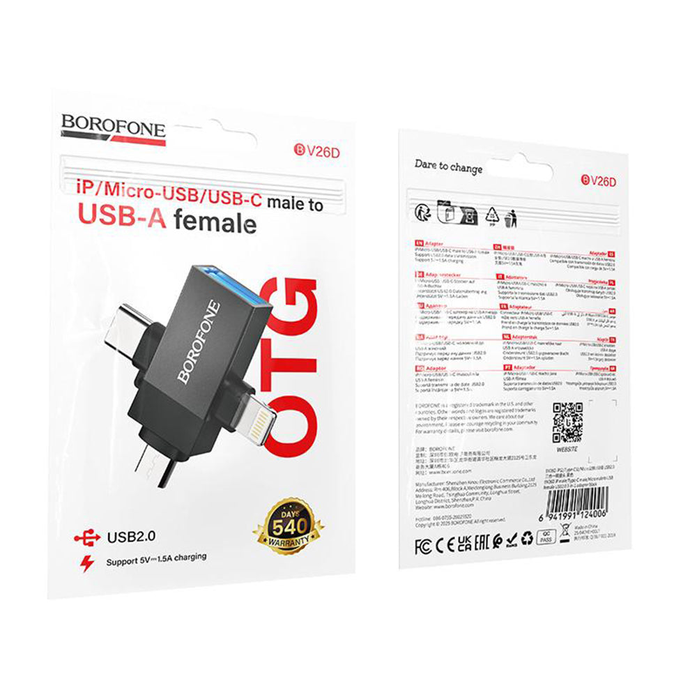 OTG Lightning / microUSB / USB-C - USB-A adapter Borofone BV26D, Crna