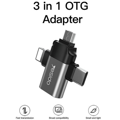 Adaptor OTG Lightning / microUSB / USB-C - USB-A Yesido GS15, Crni