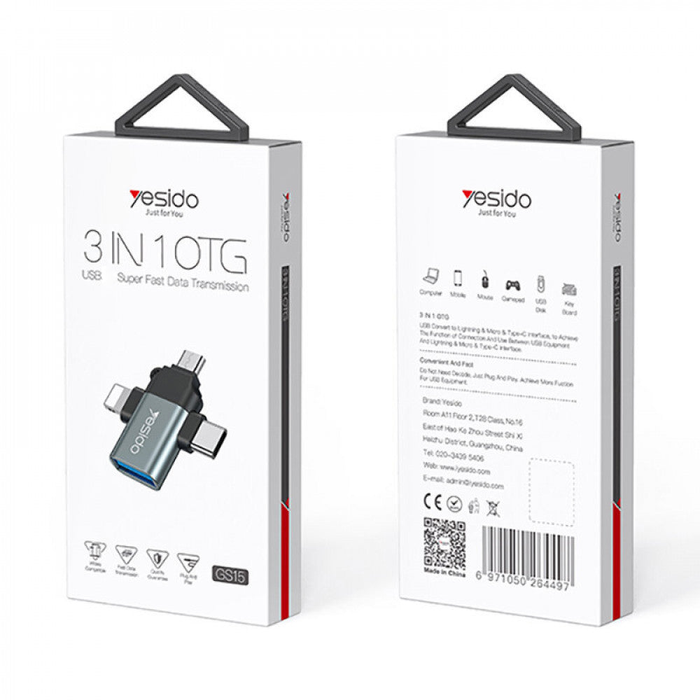 Adaptor OTG Lightning / microUSB / USB-C - USB-A Yesido GS15, Crni