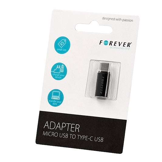 Adapter za prijenos podataka i punjenje microUSB - USB-C Forever, Crni