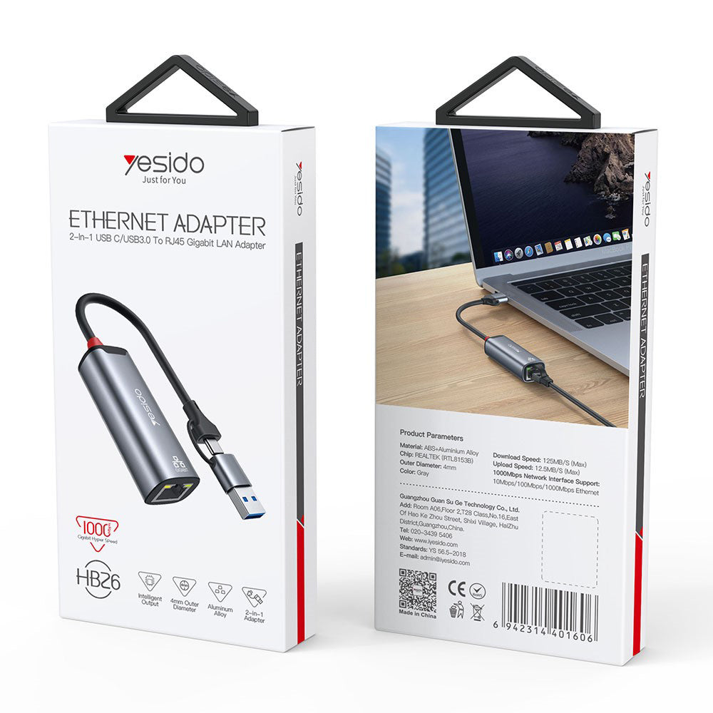 Mrežni adapter Yesido HB26, RJ45, USB / USB-C, Sivi