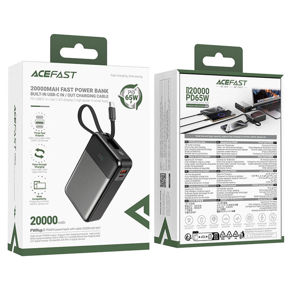 Vanjska baterija Acefast M21, 20000mAh, 65W, QC + PD, 1 x USB-A - 2 x USB-C, Crna