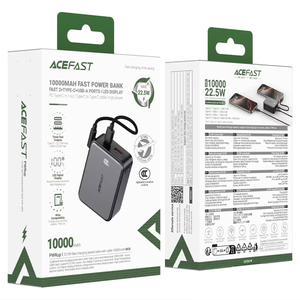 Vanjska baterija Acefast M28, 10000mAh, 22.5W, QC + PD, 1 x USB-A - 2 x USB-C, Crna